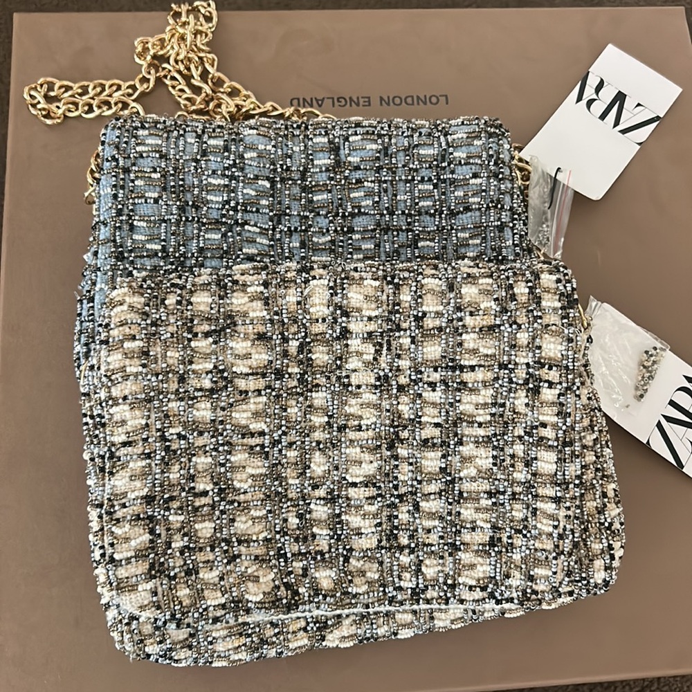 Zara beaded Tweed Crossbody Bags - Blue and Cream